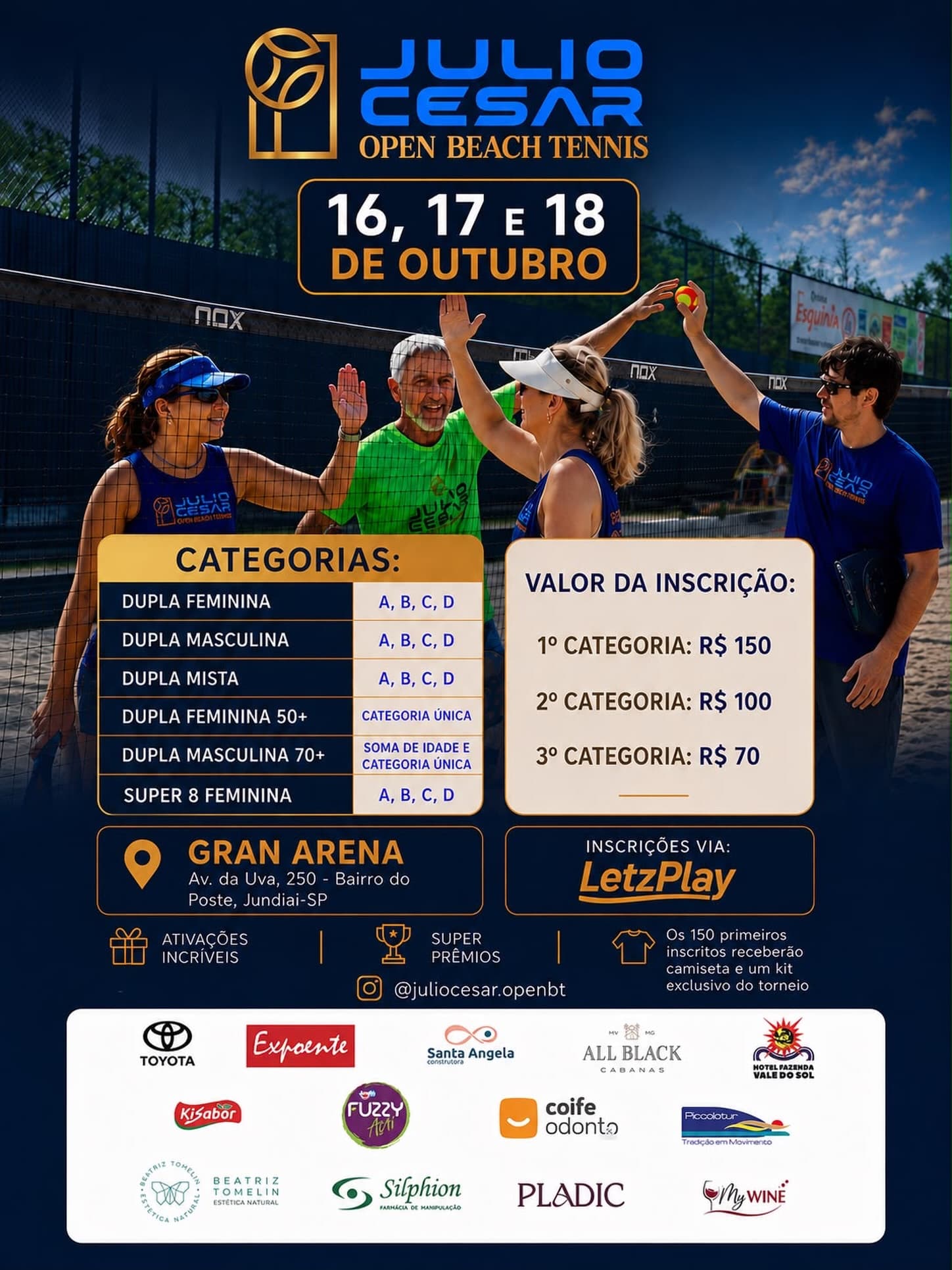Cartaz do Julio Cesar Open Beach Tennis, 16, 17 e 18 de outubro, na Gran Arena
